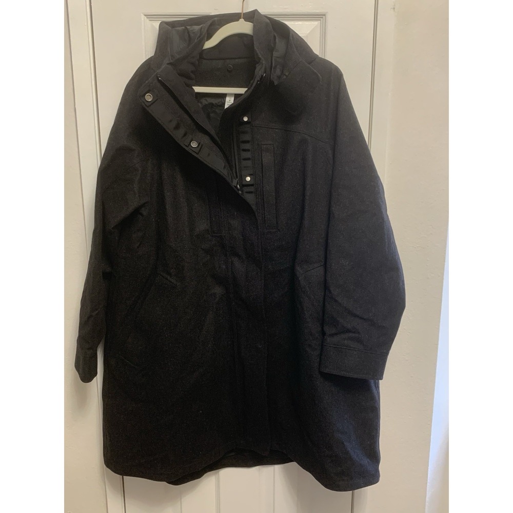 Lululemon Women's Black Long Hooded Parka Coat Zip/Snap Wool Nylon 12 - Read